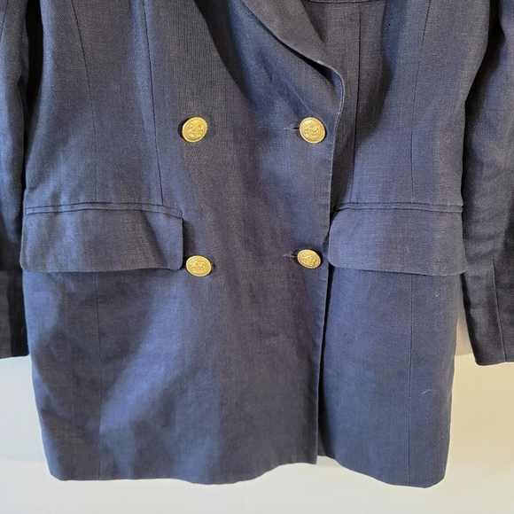 VTG Stanley Blacker Women Navy Blue 100% Linen Double Breasted Blazer 6 Crest - Picture 4 of 12